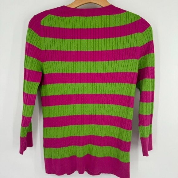Talbots womens Green Pink Striped Cardigan cable knit sweater Size Small cotton - Picture 8 of 10